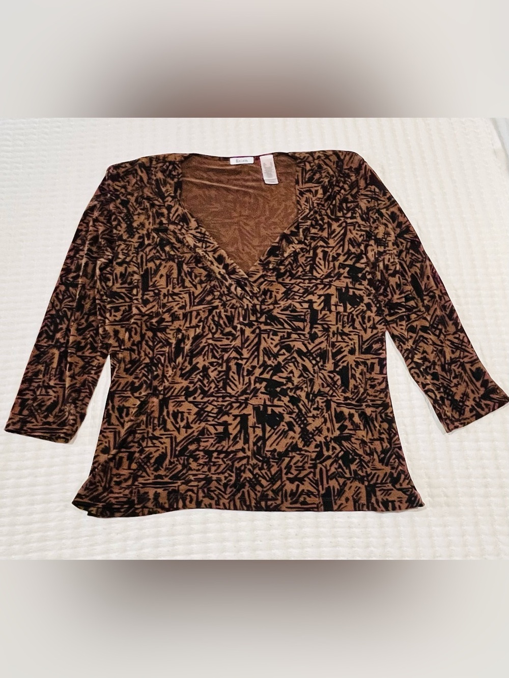 Brown Abstract Print Blouse V Neck Top Liz & Co Size XL Stretchy Casual